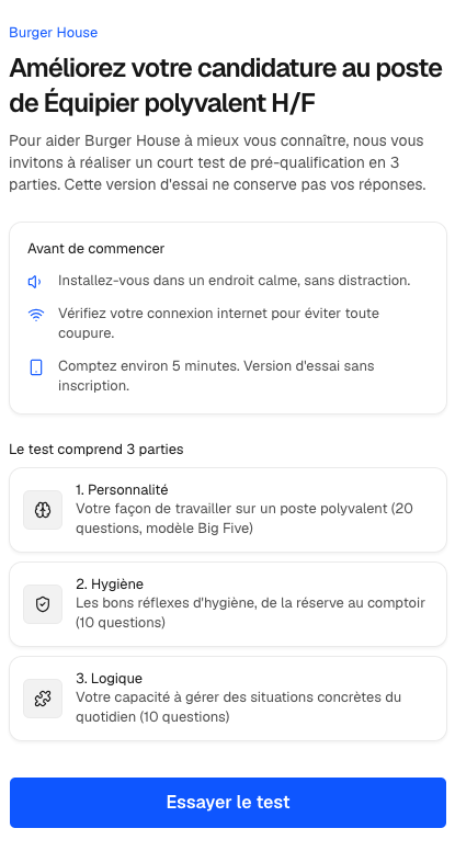 Test candidat Talenco — écran d'invitation et d'accueil sur smartphone Écran d'accueil du test de pré-qualification candidat Talenco sur mobile : invitation Burger House, consignes et trois parties personnalité, hygiène et logique